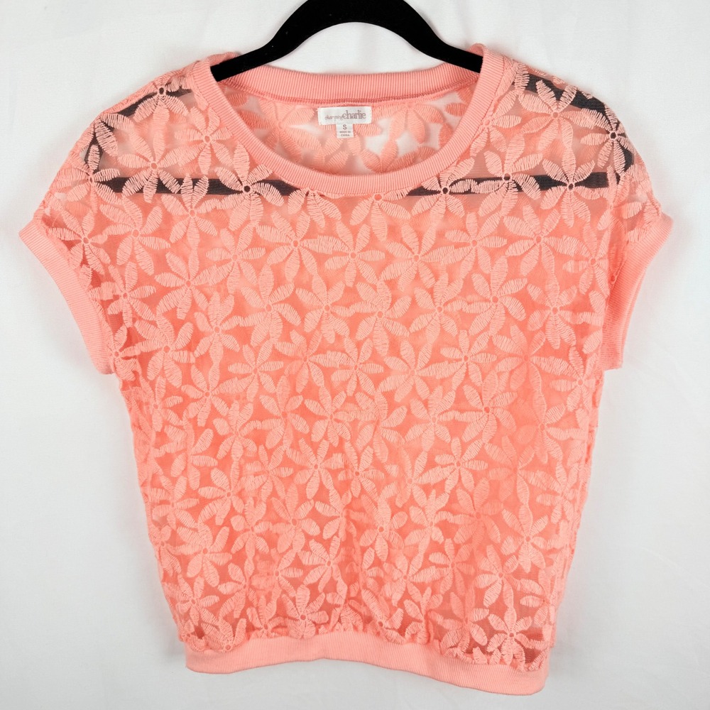 Charming Charlie Sheer Pink Daisy‎ Short Sleeve Blouse Small Lace Coquette Y2K
